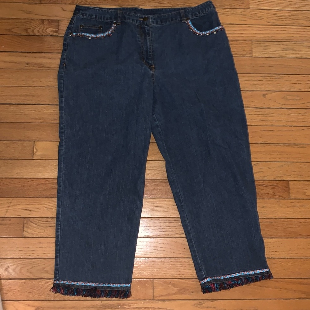 Ruby Rd. Cropped Jeans Fringed Beaded and Embroidered Size 14.